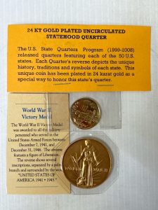 Gold Plated Umcirculated Statehood Quarter and World War II Victory Medal