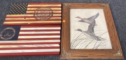 2 CUSTOM FLAG WALL DECOR(17.5” X 9.5”), FRAMED GEESE PICTURE (21” X 17”).