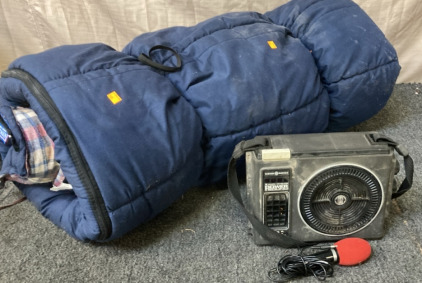 VINTAGE GENERAL ELECTRIC 8 TRACK PLAYER WITH MICROPHONE, VINTAGE WENZEL SLEEPING BAG.