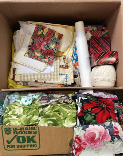 LARGE BOX FULL OF SEWING FABRIC AND MORE.