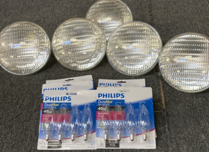 ABSOLUTE LUMINS HIGH INTENSITY HOLOGEN LIGHTS. BOX OF A PHILIPS DURAMAX 40W LIGHTS.