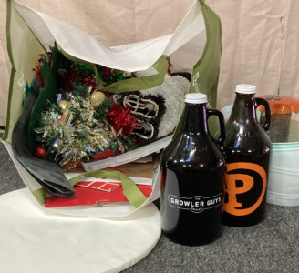 2 GROWLERS, NO-MESS DOUGH. BOARD, BAG OF CHRISTMAS DECOR, AND MORE.