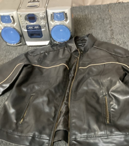 SIZE LARGE DECODED VEGAN LEATHER JACKET. SMALL BOOM BOX (UNTESTED NEEDS CORD).