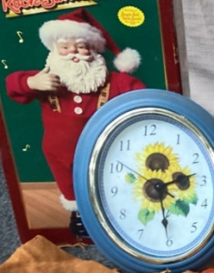 VINTAGE JINGLE BELL ROCK SANTA. SMALL KITCHEN CLOCK, CUSTOM CHILDRENS CHAPS. AND MORE.