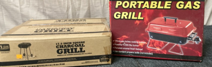 PORTABLE GAS GRILL, 17.5 INCH SQUARE CHARCOAL GRILL.