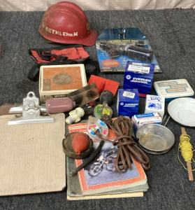 VINTAGE HARD HAT, FLIE THRU WASH BRUSH, EVINRUDE JOHNSON WATER PUMP KIT AND LOTS MORE.