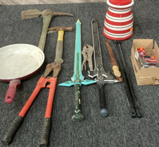 2 FOAM PLAY SWORDS, BOLT CUTTERS, VINTAGE FILETING KNIFE, COOKIE JAR, AND MORE.