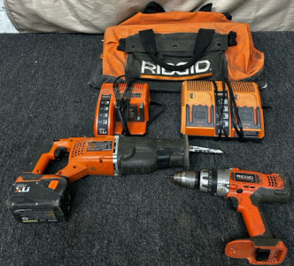 Ridgid Drill, And Battery Charger, Ridgid Hand Saw, With Battery And Battery Charger, And Ridgid Bag