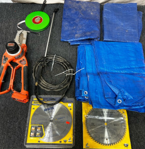 3 Blue Tarps, Garden Trimmers, Water Pressure Hose