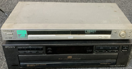 VINTAGE SONY DVD PLAYER (TESTED DOES TURN ON), VINTAGE SONY 5-DISC CD PLAYER (UNTESTED NEEDS POWER CORD).