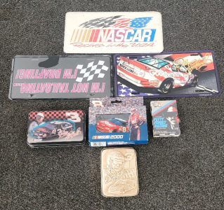 (3) Sets Of Collectible Nascar Playing Cards, (3) Collector License Plates, Dale Earnhardt 50th Anniversay Sportsculpt