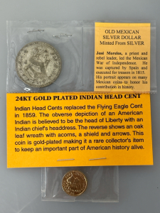 Vintage Mexican Silver Dollar and Gold Plated Indian Head Cent