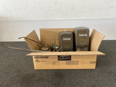 Box with Vintage Oil Cans and (2) Soap Dispensers