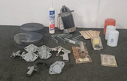 (4) 8" Grinding Wheels. Vehicle Starter . (4) 5" L Brackets .(5) Name Plate Mounts. Paint Spray Gun. Economy Trowel. Rigid 1/2" Pipe Dies. Fram Oil Filters . Make and Female Trailer Plug ins..