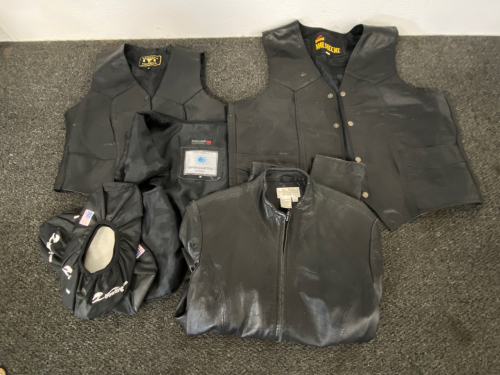 Assorted Leather Vests, Jacket, Shoe Covers, and Vest Lining