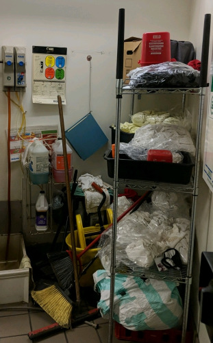 (1) Janitor's Closet Cleaning Supplies & Equipment Lot - 3-Tier Shelves, Brooms, Squeegee & Dustpan