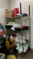 (1) Janitor's Closet Cleaning Supplies & Equipment Lot - 3-Tier Shelves, Brooms, Squeegee & Dustpan - 2