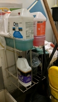 (1) Janitor's Closet Cleaning Supplies & Equipment Lot - 3-Tier Shelves, Brooms, Squeegee & Dustpan - 4