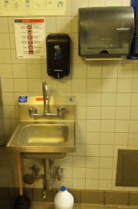 Sanitization Station Including Wall Mounted Sink, Paper Towel Dispenser, and Soap Dispenser