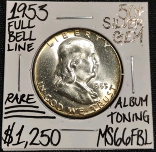 1953 MS66FBL Rare Mint Error Full Bell Line Half Dollar