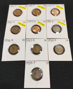 (10) Assorted Lincoln Pennies From 1934-P To 2022-D