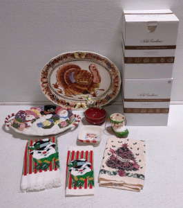 (2) Christmas Serving Plates, (3) Assorted Christmas Hand Towels, (2) Boxes of "Twelve Days of Christmas Plates", & (3) Assorted Decorative Candy Dishes