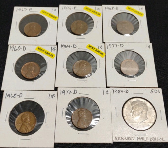 (8) Assorted Lincoln Pennies from 1960-D to 1977-D & (1) 1984-D Kennedy Half Dollar