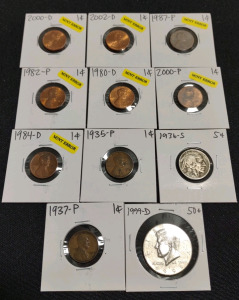 (9) Assorted Lincoln Pennies From 1935-P To 2002-D, (1) 1936-S Indian Head Nickel, & (1) 1999-D Kennedy Half Dollar