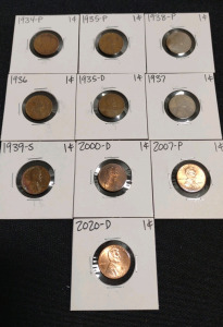 (10) Assorted Lincoln Pennies From 1934-P To 2020-D