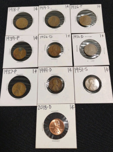 (10) Assorted Lincoln Pennies From 1918-P To 2018-D, (9) Wheat Pennies & (1) Shield Penny