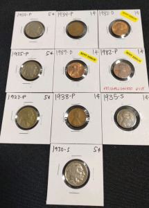 (6) Assorted Lincoln Pennies From 1934-P To 1989-D & (4) Assorted Indian Head/ Buffalo Nickels from 1923-P to 1935-P