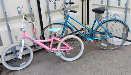 20in Bubble Pop Girls Bike (pink), 26in Mikado Woman's Bike (blue)
