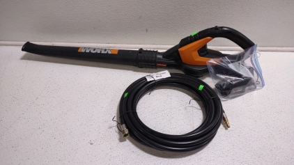 (1) Worx 20V Lithium Leaf Blower w/ Battery, Battery Charger, & New Propane Gas Hose