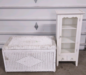 (1) 36"x 21"x 21&frac12;" (White) Wicker Chest w/ Everything Inside & (1) 18&frac14;"x 1'x 41&frac12;" (White) Display Case w/ 2-Drawers