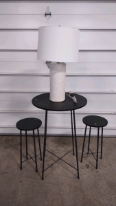 (1) 2'x 2'x 35½" (Black) Round Table w/ (2) 1'x 1'x 23½" (Black) Matching Round Stools & (1) (White) Dotted Diamond Pattern Sitting Lamp