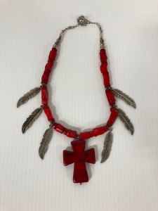 Western Style Necklace with Red Coral and Silver Feathers