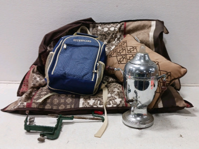 Vintage Farbreware Percolating Coffee Maker, Apple Peeler, (2) Pillows, Throw Pillow, Picnic Backpack