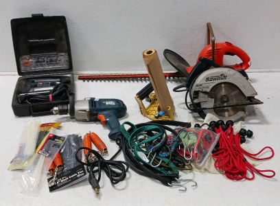 Craftsman Sawmill Circular Saw, Box Of Straps and Bungies, Black and Decker Jigsaw, Black and Decker Drill, Black And Decker Electric Trimmers