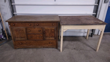 (1) 4'x 21¼"x 31½" Vintage Wooden Dresser & (1) 40"x 29½"x 30" Old Wooden Table