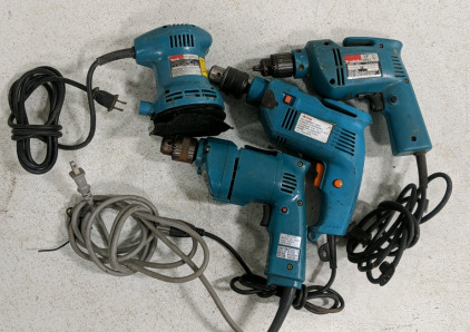 (4) Makita Power Tools Lot - 3/8" & 10mm Drills, 5" Random Orbit Sander (Powers On)