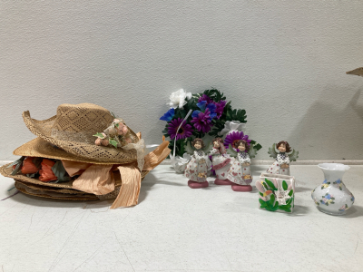 Multiple Straw Hats, Flower Wreath, (4) Angel Ceramics Holding a Bear, Glass Vases And More!!