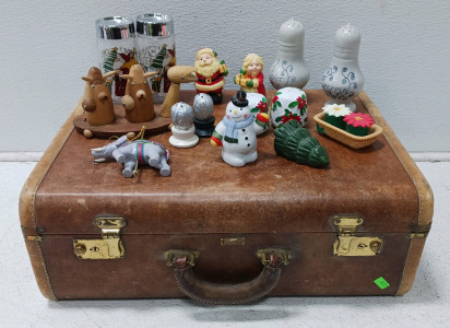 Antique Suit Case, Assorted Salt and Pepper Shakers