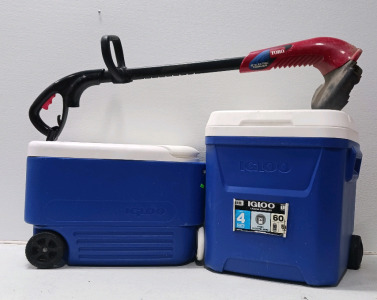 (2) Igloo Coolers (Both With Wheels , Toro 12" Electric Trimmer (Powers on and Spins)