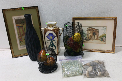 (2) Vase, (2) Pictures, (2) Fruit Baskets, (2) Bags of Decorative Rocks