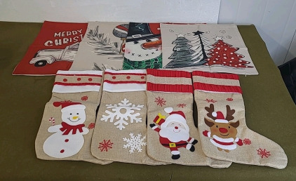 (1) 4-Piece Christmas Stocking Set, (1) 4-Piece Accent Pillow Covers & (1) Box Of Assorted Amazon Overstock/ Returns