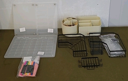 (1) Dry Erase Board Set, (1) Shower Caddy Set, Bathroom Countertop Organizer & (1) Box Of Assorted Amazon Overstock/ Returns