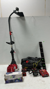 Troy-Bilt Weed Whacker, Pair Of PYLE Blue Label PL42BL 4” 2-Way Coaxial Speaker Systems, High Peak Simex Sport Hyper Lite Tent, Skil Cordless Drill, Skil Impact Drill, Skil Battery Charger, Coat Rack