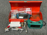 Red Metal Toolbox w/ Welding Goggles And Air Tools