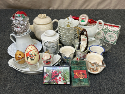 Vintage Dishes, Ornaments, and (2) Christmas Cassettes