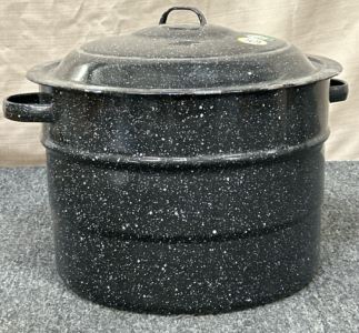 Vintage Black Speckled Enamelware Canning Stock Pot With Insert and Lid